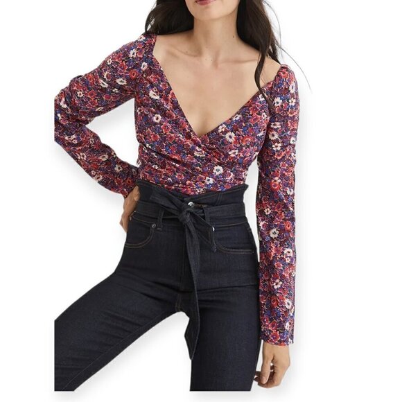 Veronica Beard Sabo Floral Surplice Crop Silk‎ Top, Berry Multi, Size 12, NWT - Picture 1 of 16